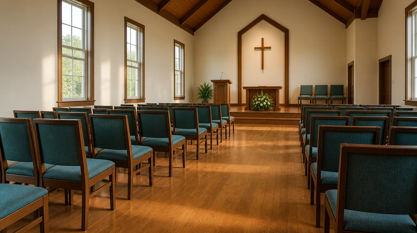 Illustration of rows of upholstered church chairs facing the cross in a sunlit sanctuary